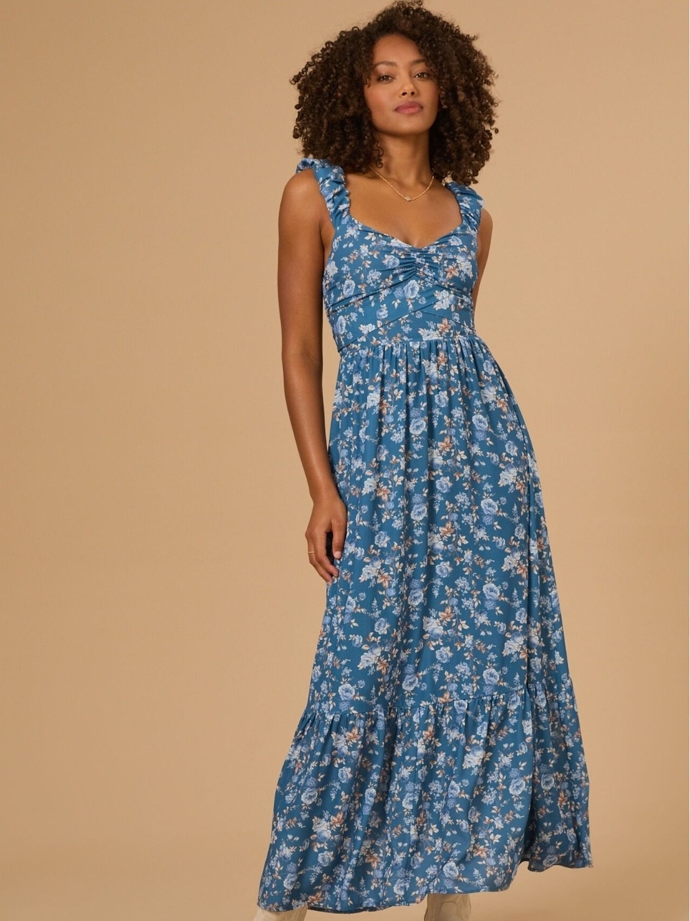 Altar'd State Lydia Floral Maxi Blue Ruffle  Tiered Smocked Maxi Dress M Medium